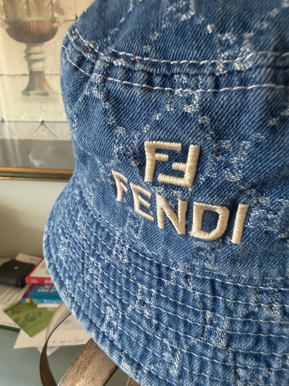 Blue Denim Monogram Bucket Hat with Embroidered Logo small - Picture 3 of 8